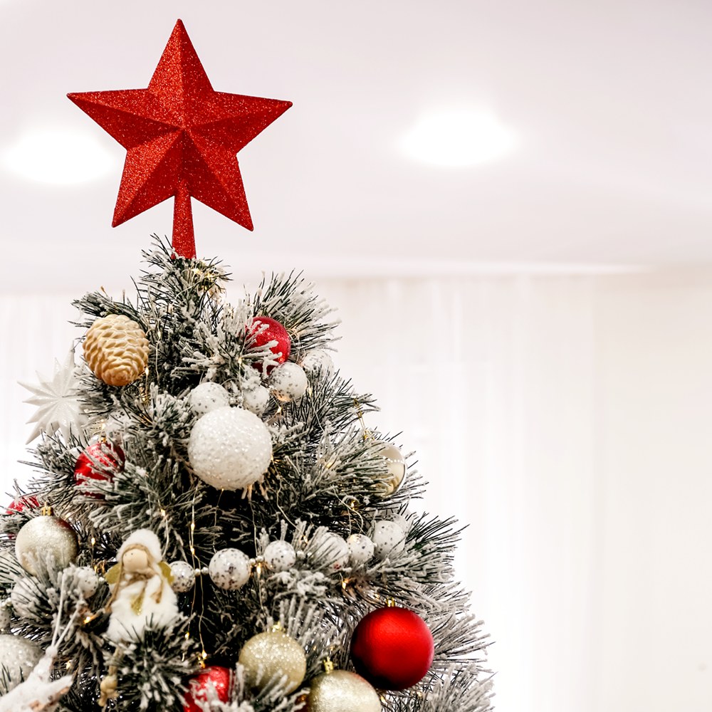 A Christmas tree with a red star on top