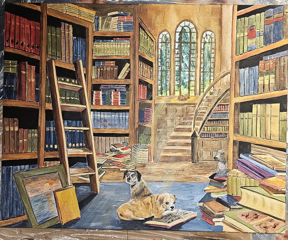 A painting of dogs in a library