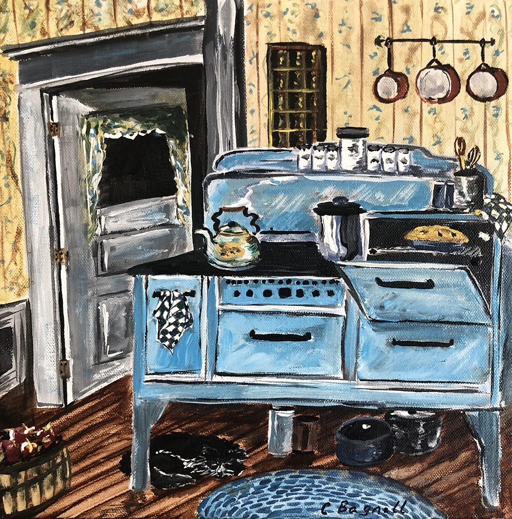 A painting of an old-fashioned kitchen stove