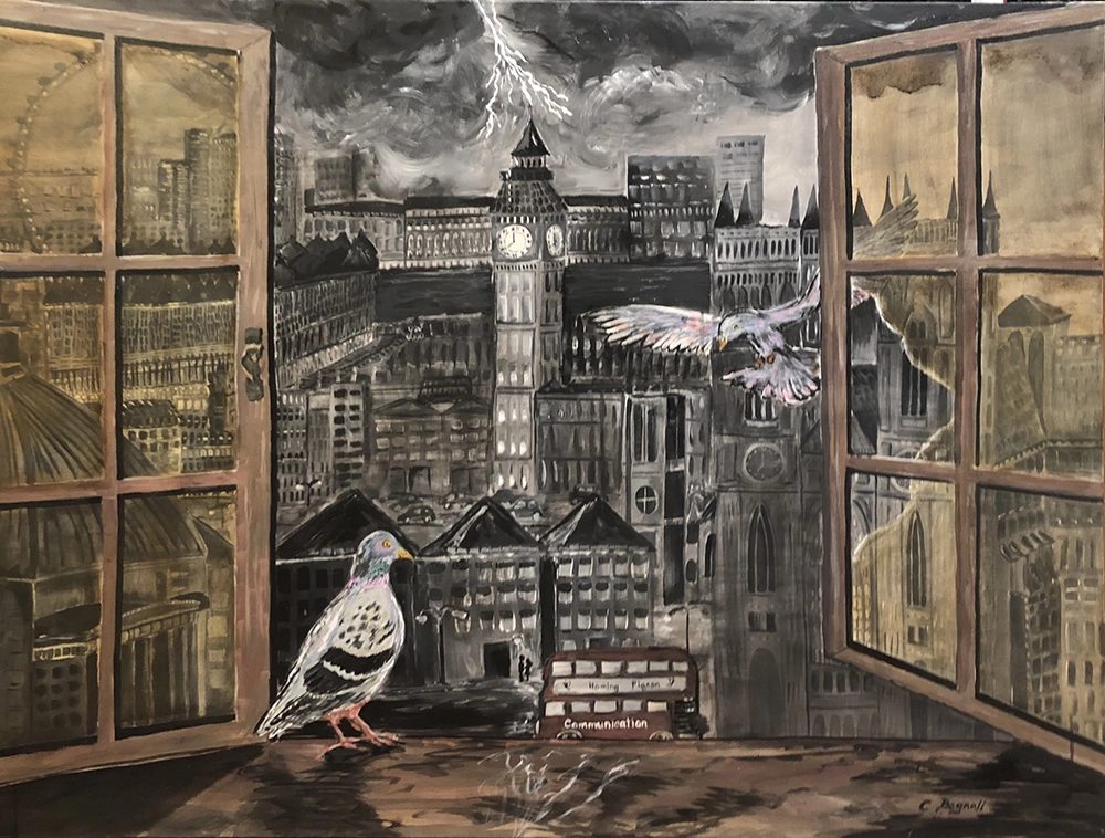 A painting of a pigeon at a city window