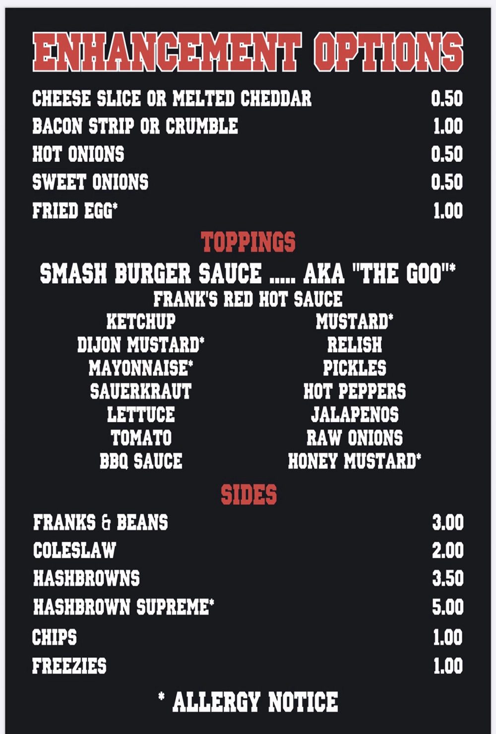 The Long Horns toppings and sides menu
