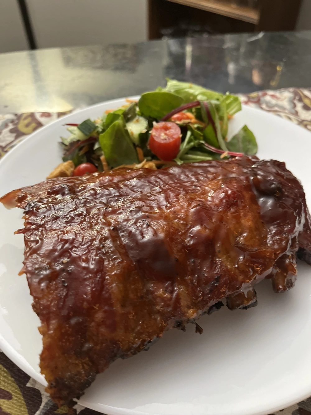 A rack of glazed ribs