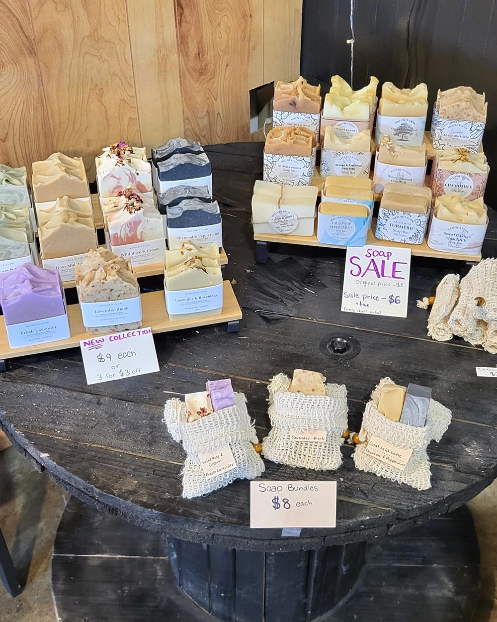 Handmade soap bars on display