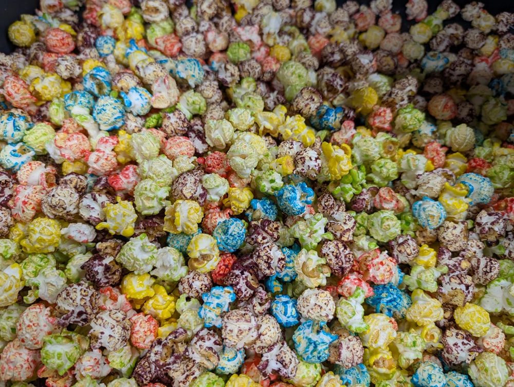 Colourful candy-coated popcorn